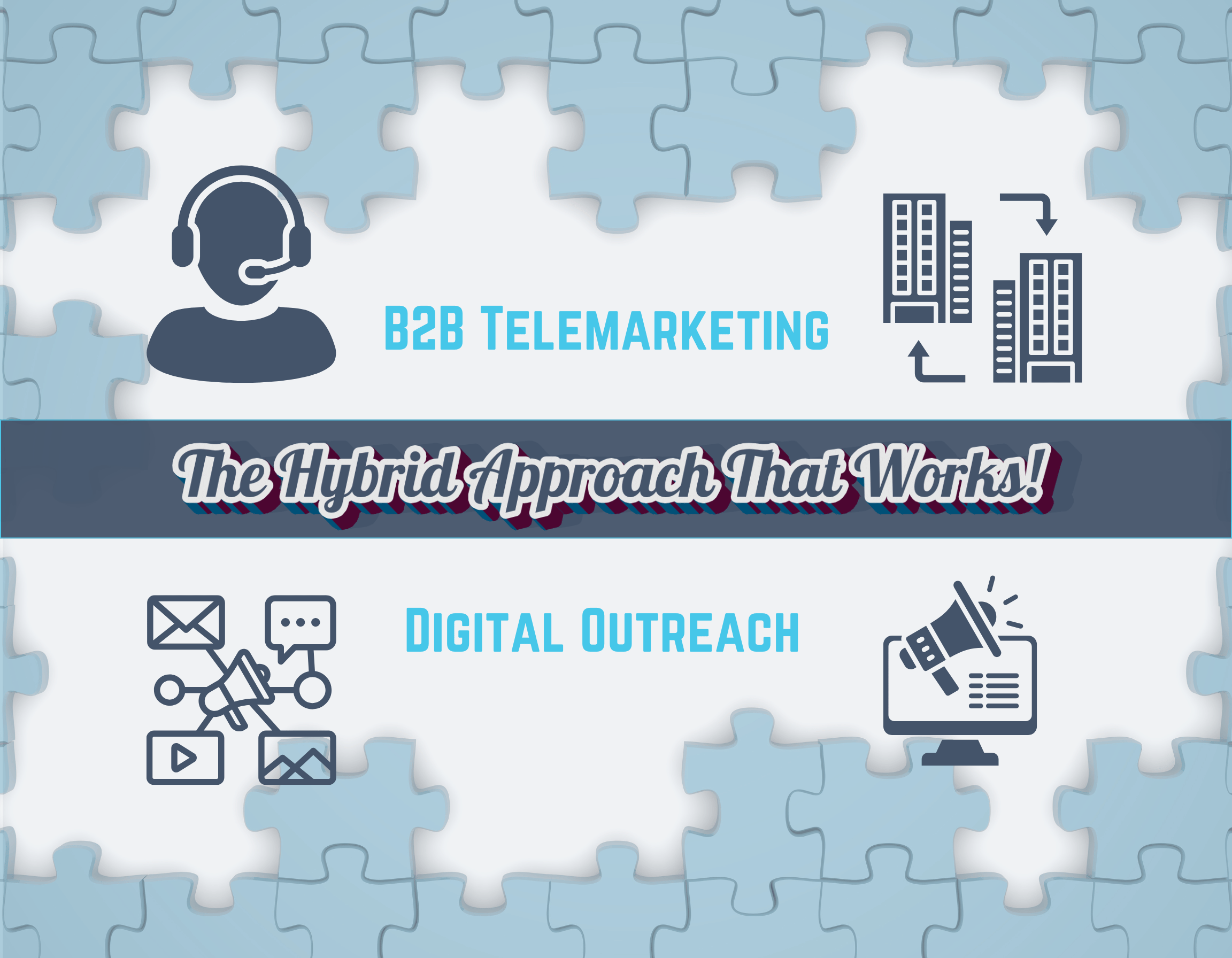 B2B Telemarketing and Digital Outreach icons. These channels are being used together as a hybrid approach, for business success.